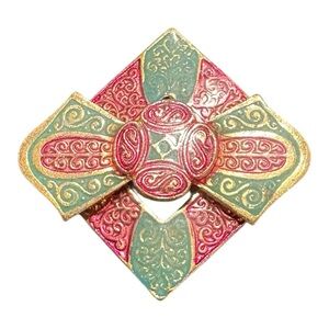 Vintage Enamel Layered Brooch – Red & Green Scroll Design, Gold-Tone J12